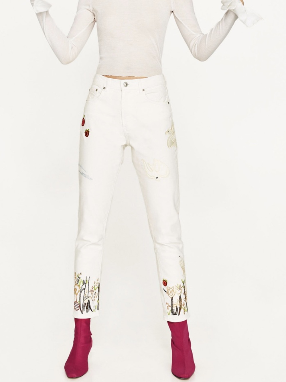 NWT! Zara Vintage High Waist Straight Leg Jeans White Multi Color Embroidery 4
